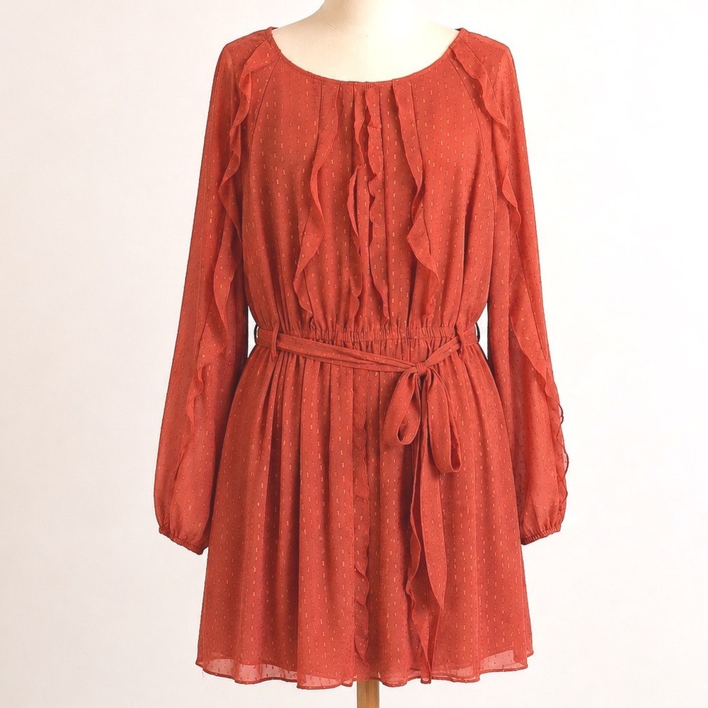 LC Lauren Conrad Coral Pink Metallic Clip Dot Ruffle Mini Dress XXL Coquette New
